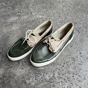 Polo Ralph Lauren Lander Shoes Mens Size 11D Green Tan Coated Canvas Boat Deck